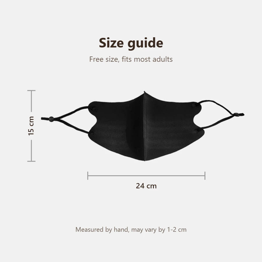 Face mask size guide: 24 cm long and 15 cm high, free size for adults