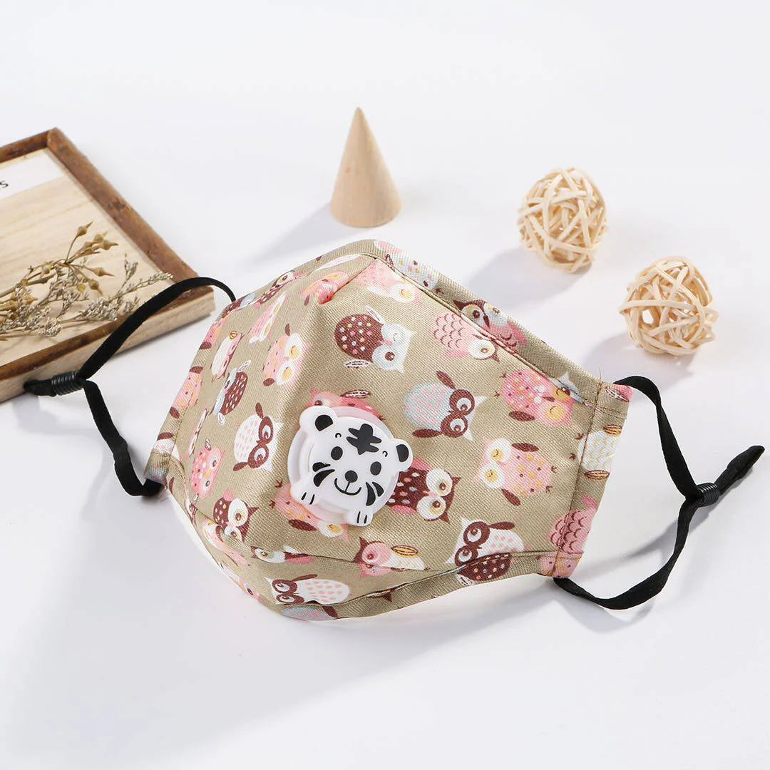 Kids cotton face mask in beige owl print with white tiger breathing valve