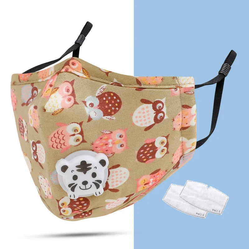 Beige owl print kids face mask with tiger valve and 2 PM2.5 filters included