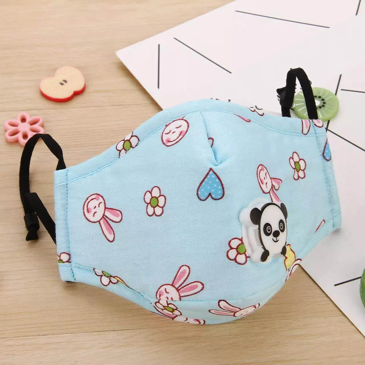 Blue bunny print kids cotton face mask with panda breathing valve