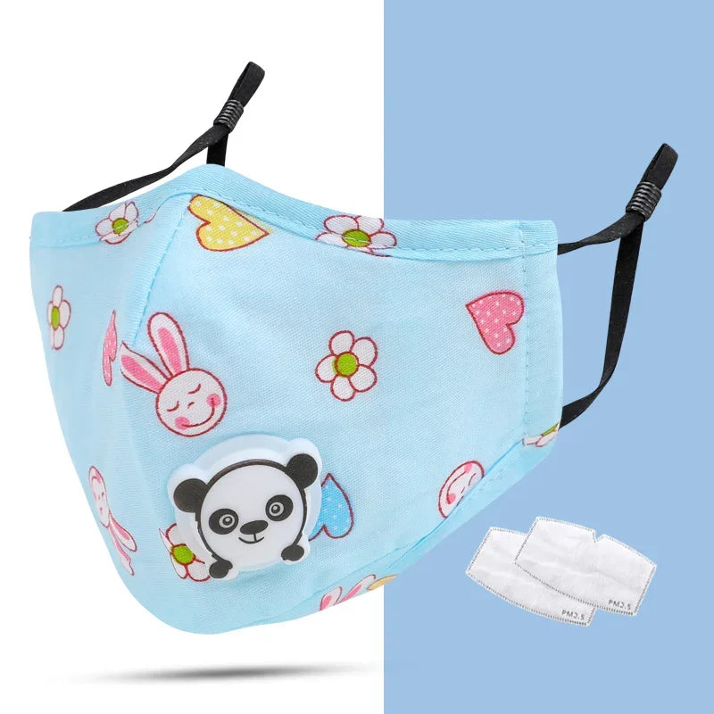 Blue bunny kids face mask with panda valve and 2 PM2.5 filters included