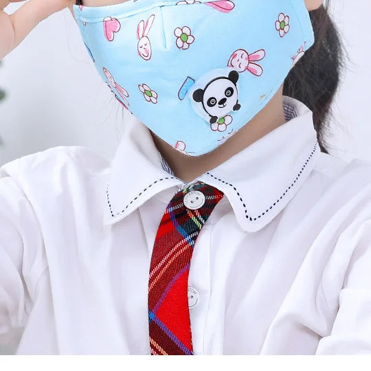 Child wearing the blue bunny kids face mask with panda valve