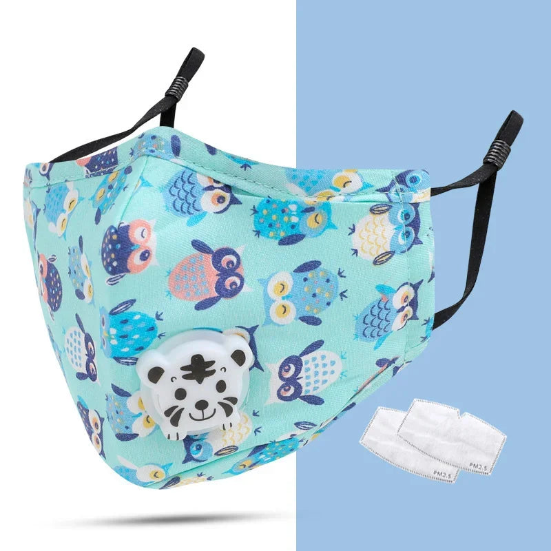 Mint owl print kids face mask with tiger valve and 2 PM2.5 filters included