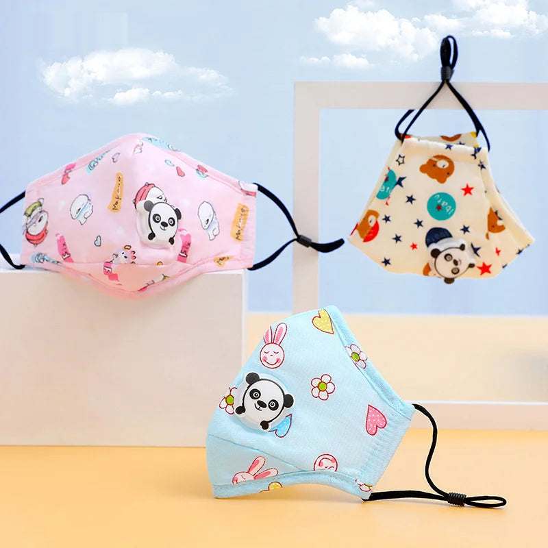 Kids cotton face masks with panda valve in pink bear, white stars and blue bunny prints