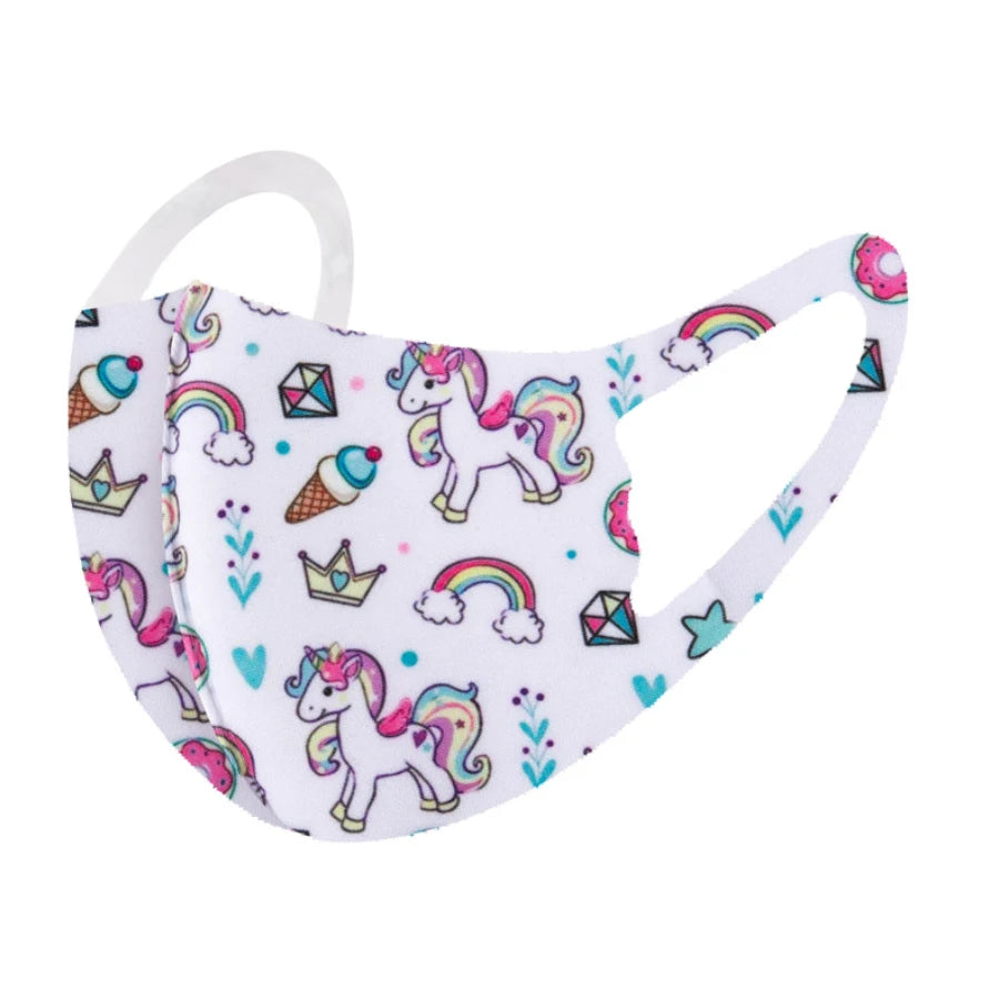 White unicorn print kids ice silk face mask with rainbows, donuts and ice cream