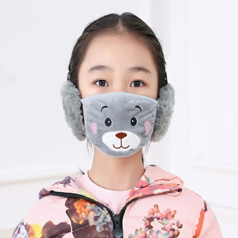 Kids 2-in-1 earmuffs with face mask in grey with embroidered bear face