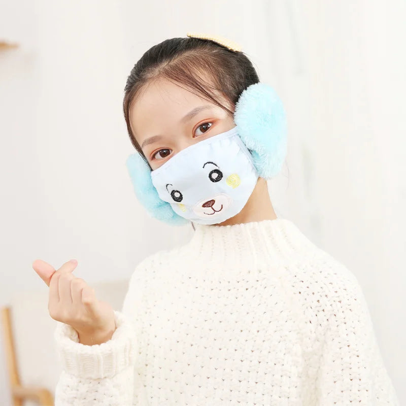 Kids 2-in-1 earmuffs with face mask in light blue with embroidered bear face