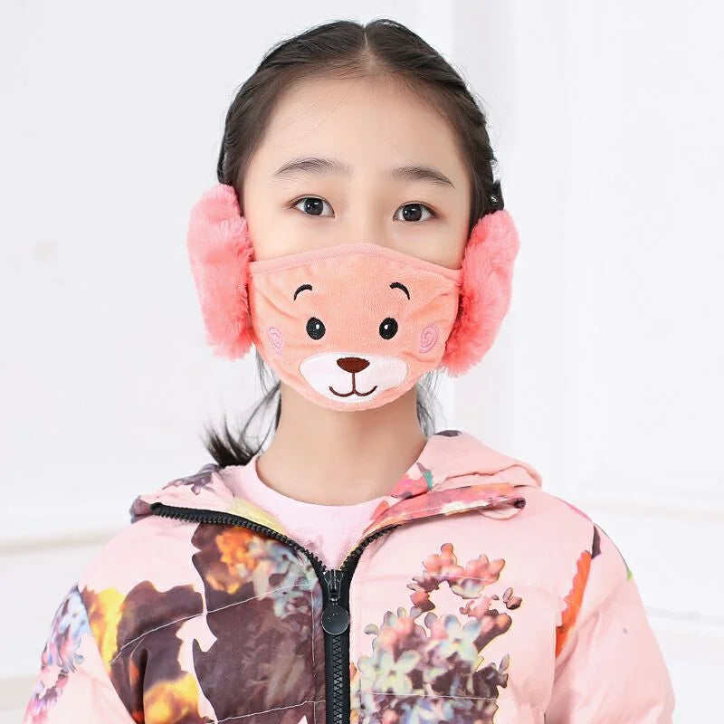 Kids 2-in-1 earmuffs with face mask in peach with embroidered bear face