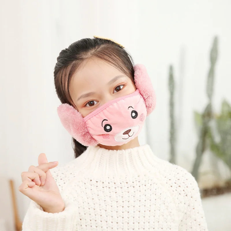 Kids 2-in-1 earmuffs with face mask in pink with embroidered bear face