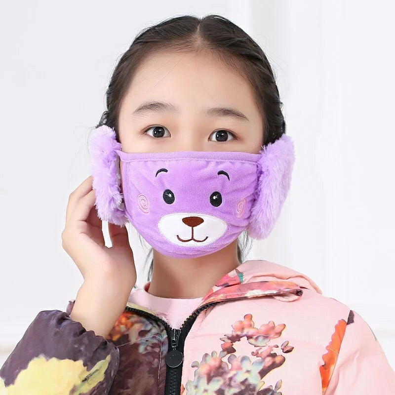 Kids 2-in-1 earmuffs with face mask in purple with embroidered bear face