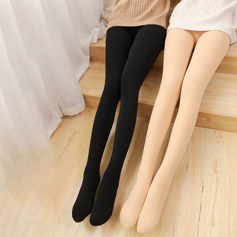 Black and skin colour thin tights pantyhose worn side by side on stairs