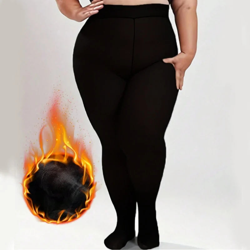 Black plus size fleece-lined footed tights worn, with the warm fleece lining shown
