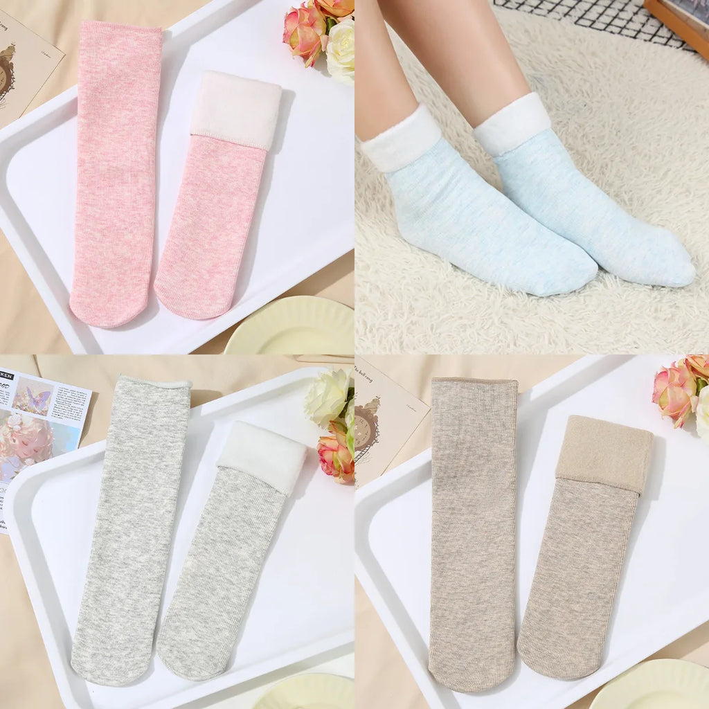 Premium plush fleece-lined socks in pink, light blue, light grey and light brown