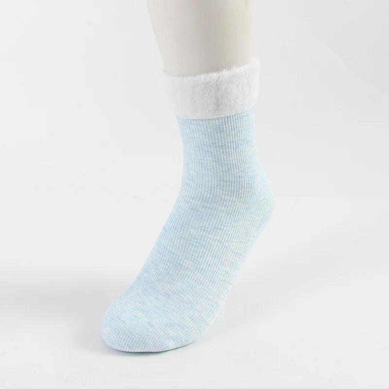 Light blue premium fleece-lined sock shown on a foot model