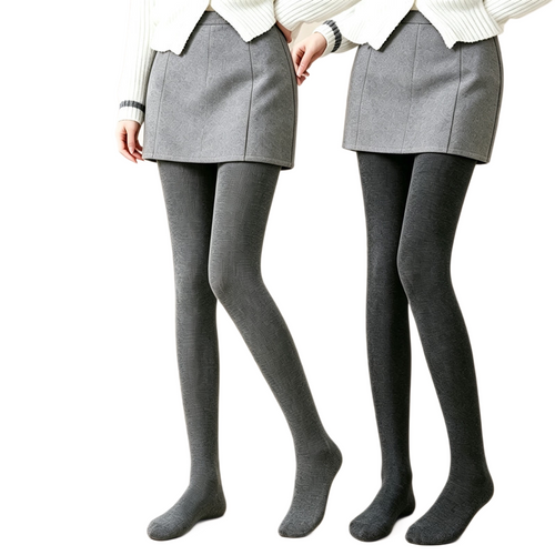 Two women wearing light grey and charcoal knit winter tights with grey skirts and white jumpers