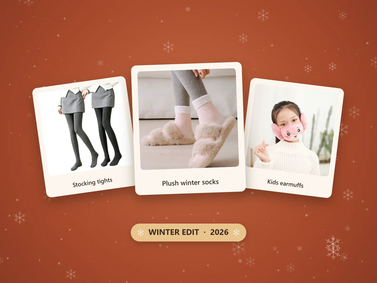 RT Vibe Winter Edit 2026: stocking tights, plush winter socks and kids earmuffs on a warm terracotta background with snowflakes