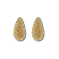 Pair of soft gold textured teardrop stud earrings on a white background