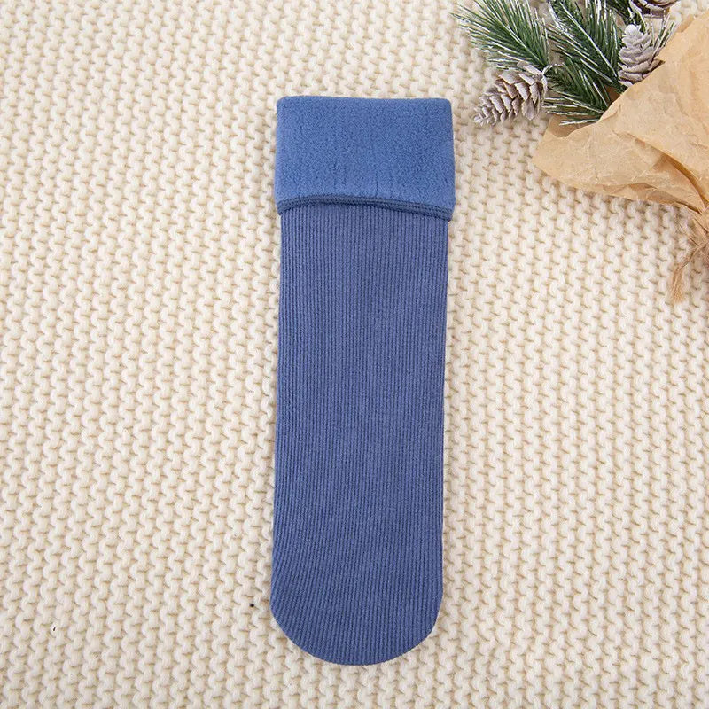Blue thick ribbed thermal winter sock with a fleece-lined cuff