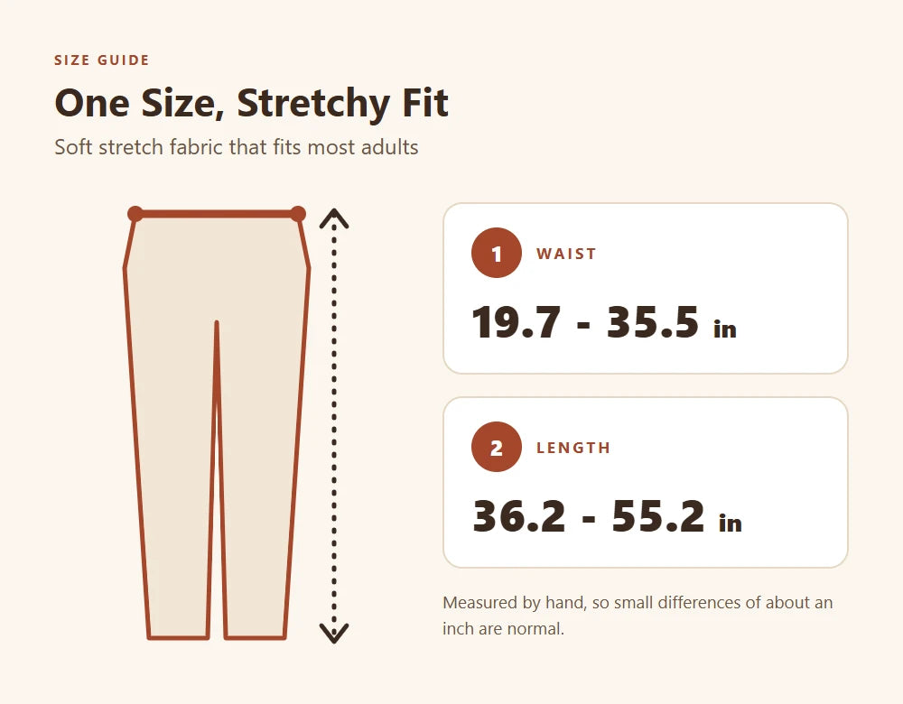 Size chart: one size, waist 19.7 to 35.5 inches, length 36.2 to 55.2 inches