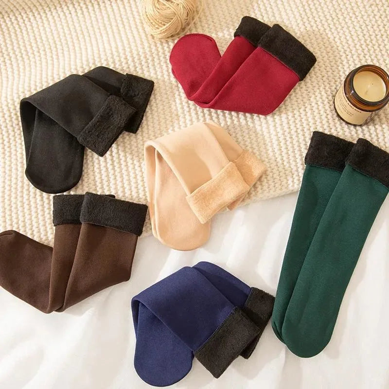 Velvet thermal socks in black, maroon, skin, brown, blue and green with plush fleece cuffs