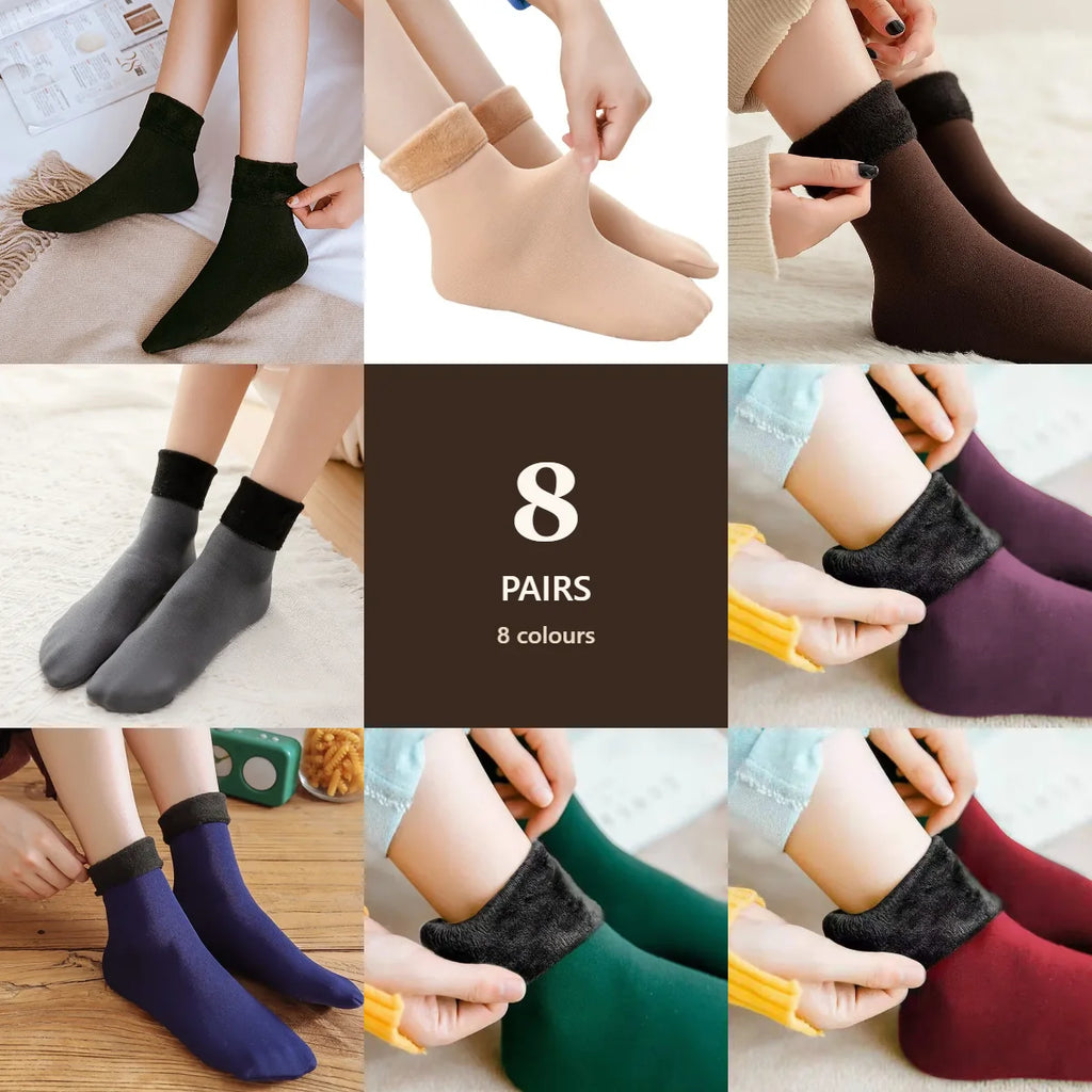 Family pack of 8 velvet thermal socks in black, skin, brown, grey, plum, blue, green and maroon