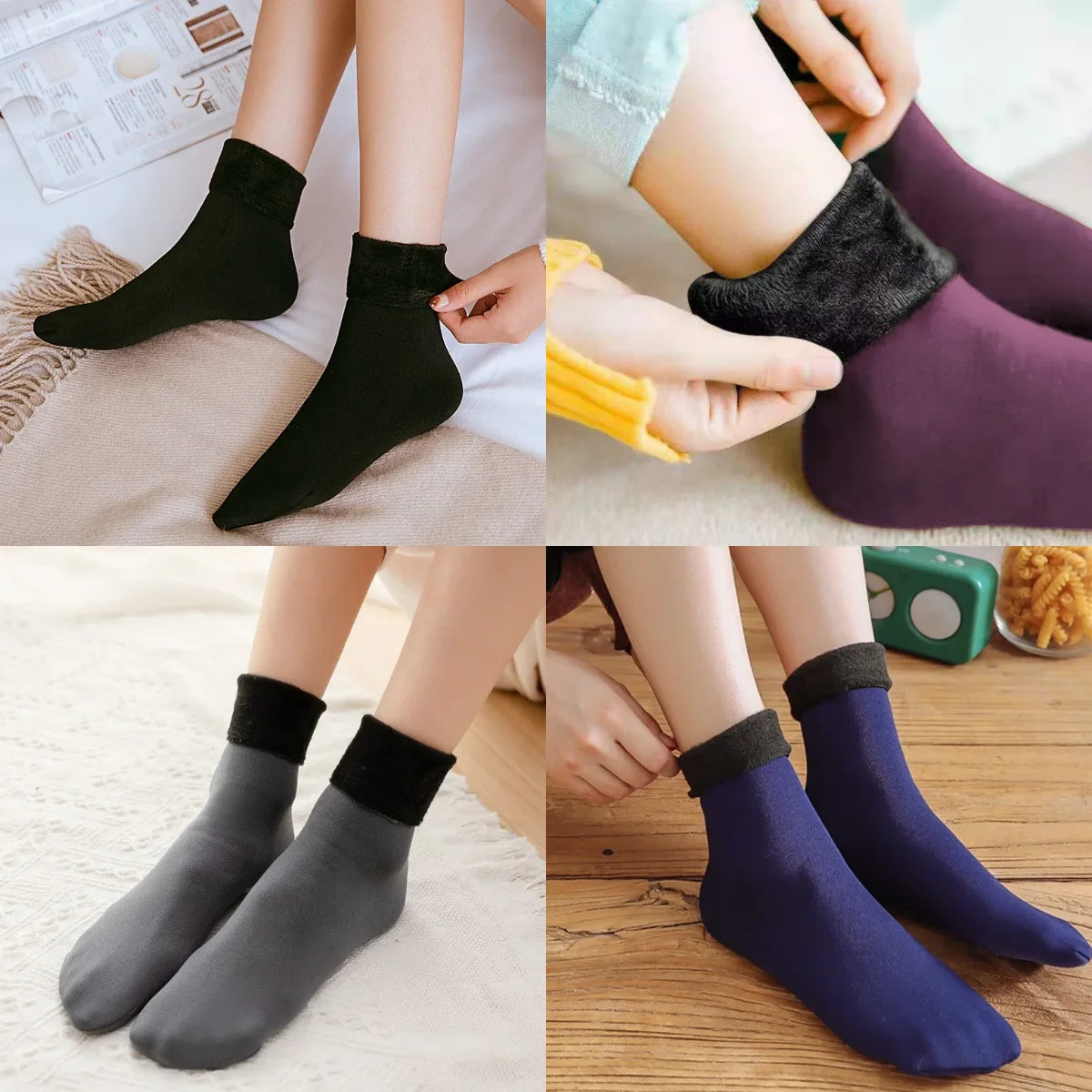 Pack of 4 velvet fleece-lined thermal socks in black, plum, grey and blue