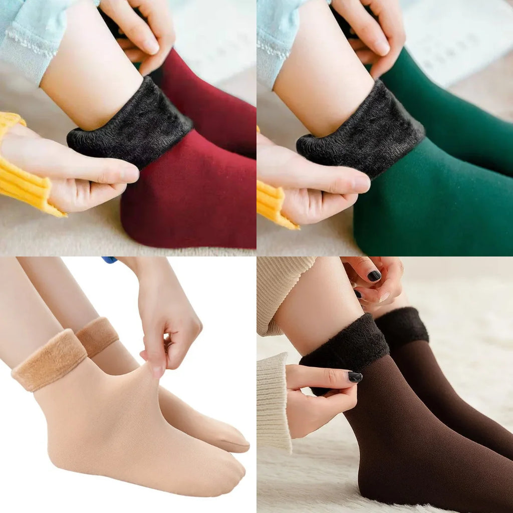 Pack of 4 velvet fleece-lined thermal socks in maroon, green, skin colour and brown